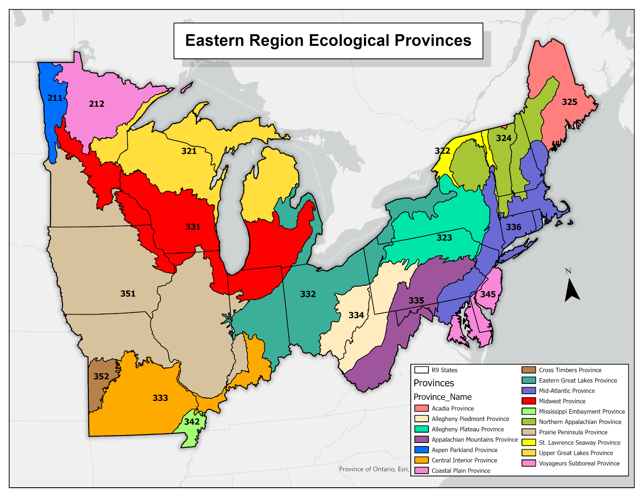 Map of the 20-state USDA Forest Service Eastern Region (ME, VT, NH, NY, MA, RI, MD, PA, CT, NJ, DE, WV, OH, MI, IN, IL, MO, IO, WI, MN) colored by specific ecological provinces (Acadia, Allegheny Piedmont, Allegheny Plateau, Appalachian Mountains, Aspen Parkland, Central Interior, Coastal Plain, Cross Timbers, Eastern Great Lakes, Mid-Atlantic, Midwest, Mississippi Embayment, Northern Appalachian, Prairie Peninsula, St. Lawrence Seaway, Upper Great Lakes, Voyaguers Subboreal).