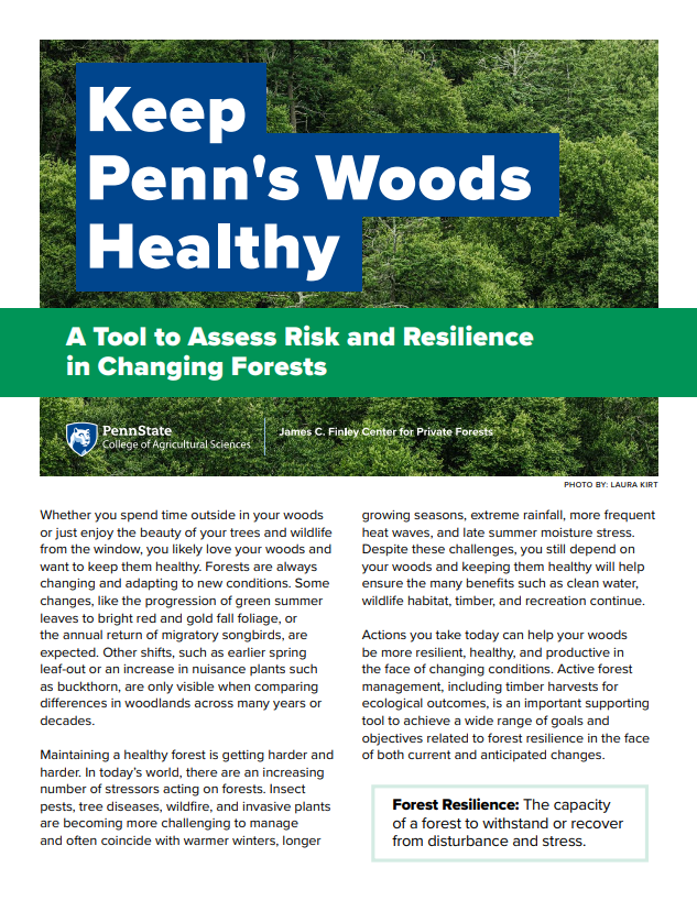 Keep Penn's Woods Healthy title page with text and a photo of a forest in the background.
