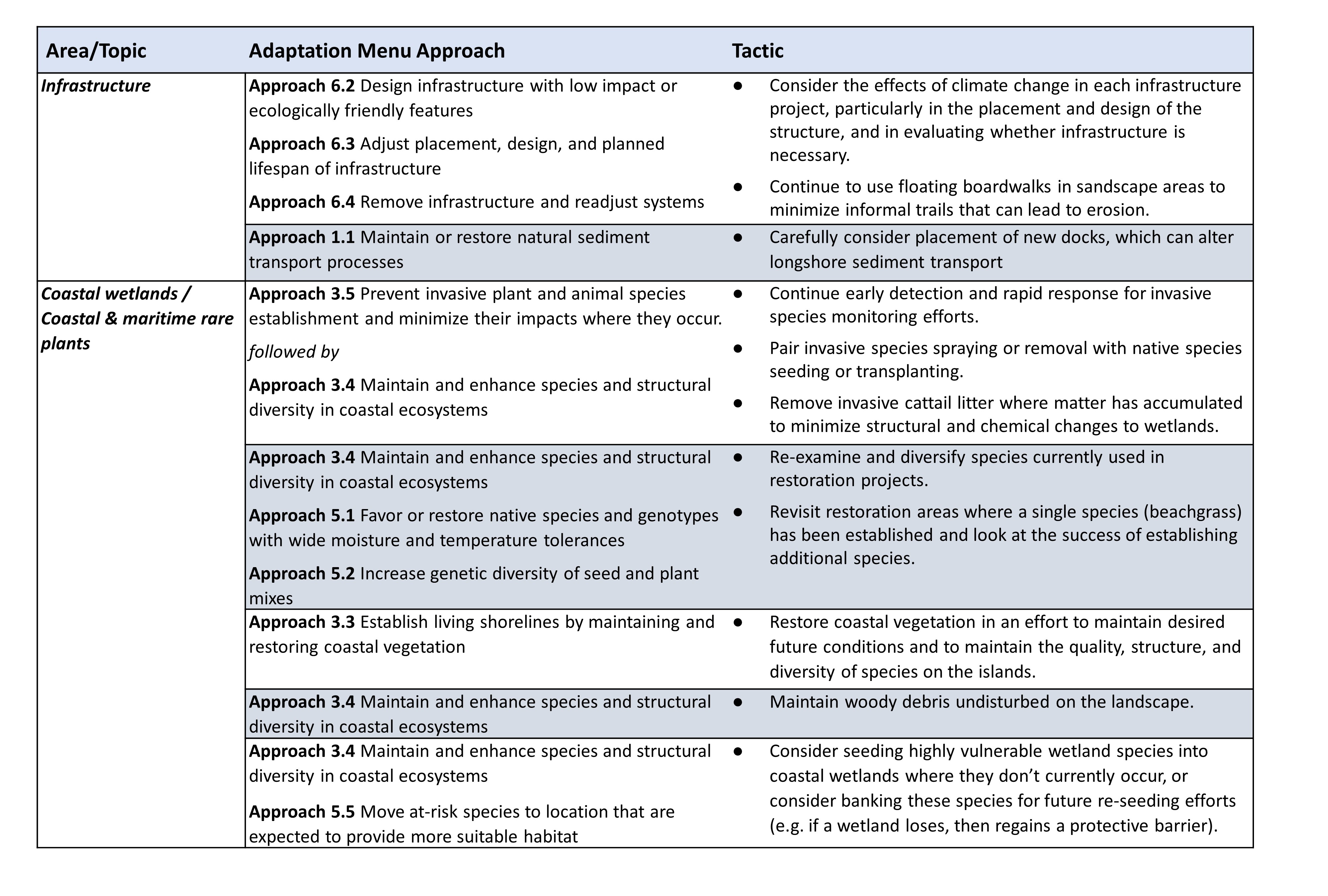 Table outlining adaptation approaches and tactics