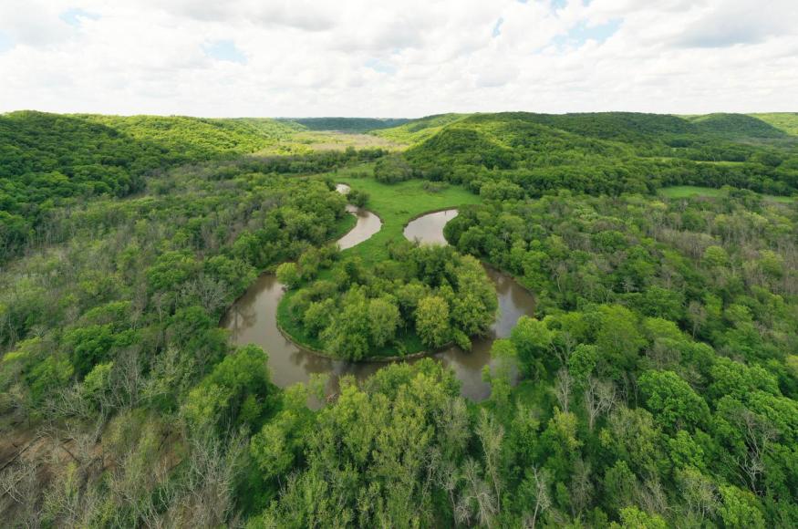 Aerial photo of forest and winding river by Samuel Li